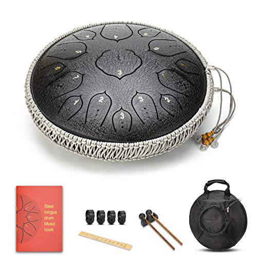 Steel Tongue Drum - 15 Note 14 Inch Tongue Drum - Tongue Drum Instrument -  Hand Pan Drums with Music Book, Steel Handpan Drum Mallets and Carry Bag, D